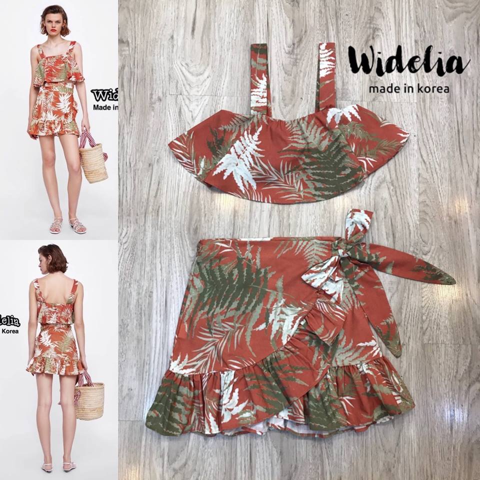 Zara Set>> เสื้อครอปสายเดี่ยว อกระบาย มาพร้อมกับ กระโปรงสั้นเอวสูงผูกโบว์ด้านข้าง