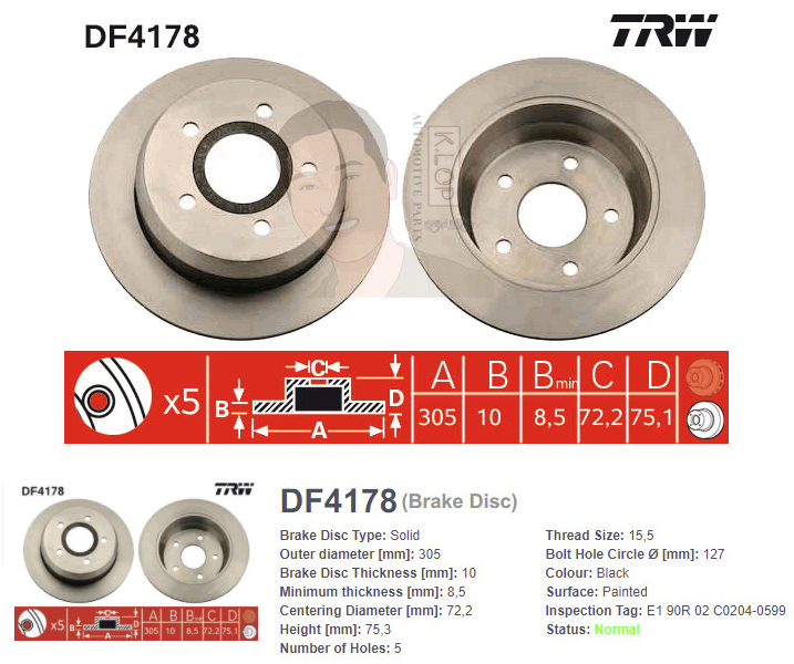 DF4178S จานเบรค-ดรัมเบรค(TRW) JEEP CHEROKEE (XJ) 2.5,4.0 ปี1995- R S / GRAND CHEROKEE WJ 4.0 ปี1998-2005 R S