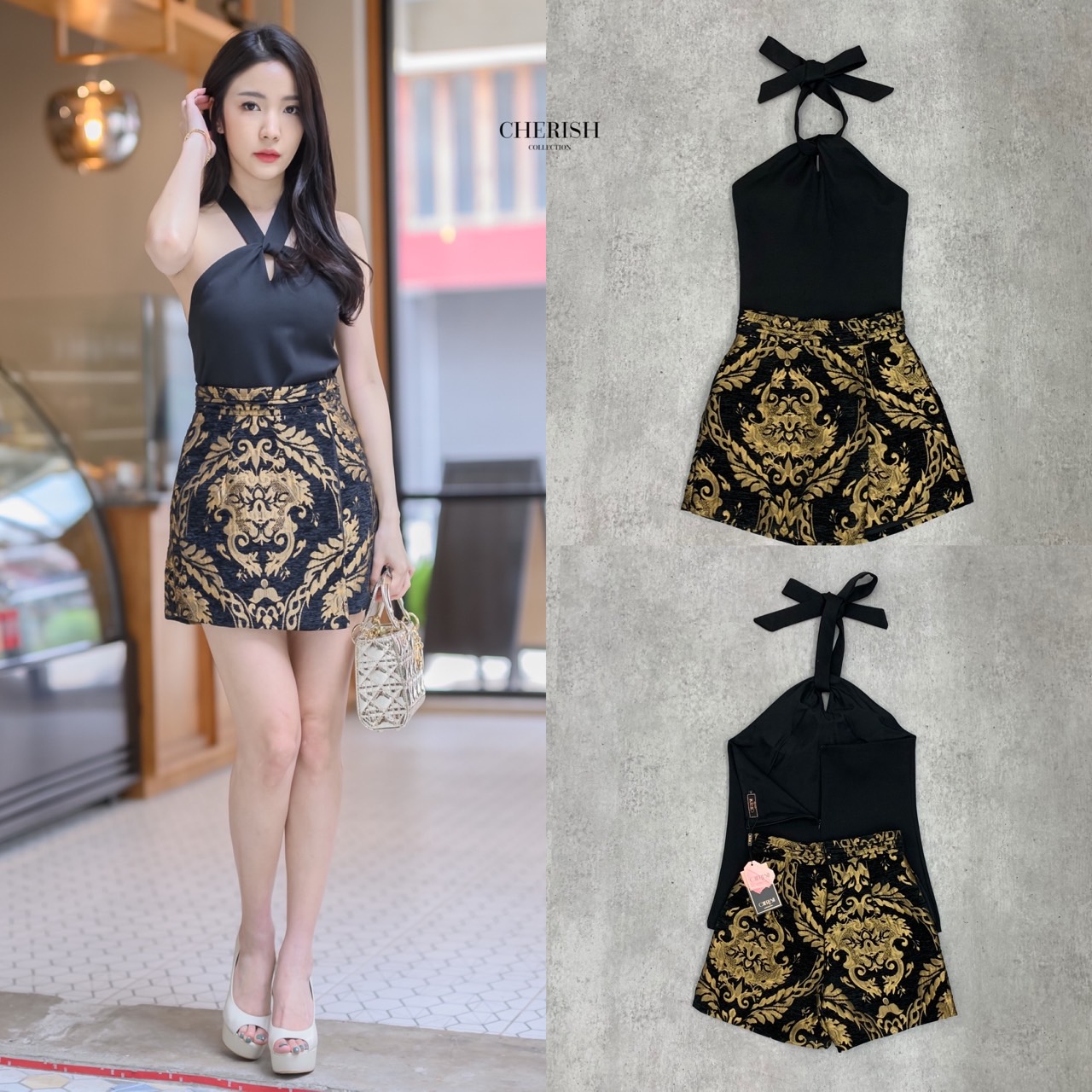 SET เสื้อคล้องคอเปิดโชว์หลังสวยๆ (ดำ)