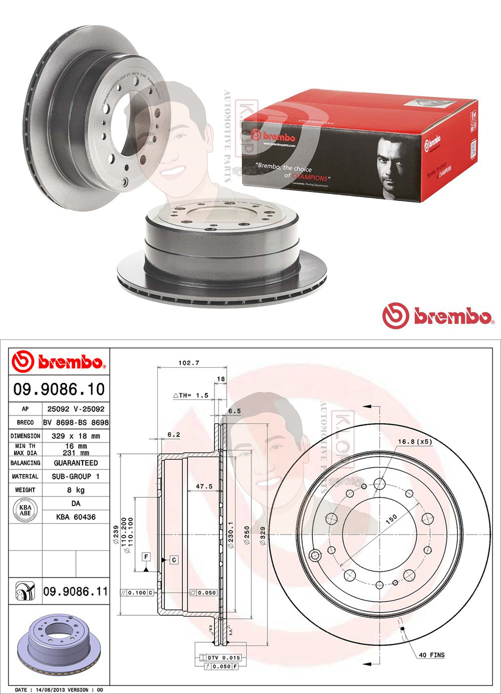 09 9086 11 จานเบรค-หลัง UV(ยี่ห้อ Brembo) Toyota Land Cruiser 100 ปี1998-2007