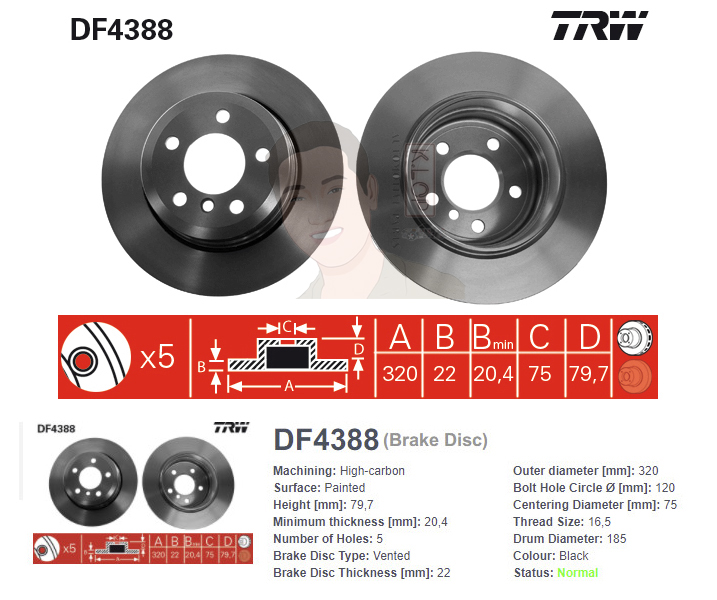 DF4388 จานเบรค-ดรัมเบรค(TRW) BMW X3 E83 2.0d, 2.5i ปี2004-2008 R V