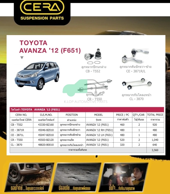ชุดเปลี่ยนลูกหมากช่วงล่าง (CERA) AVANZA 2012- F651 (MADE IN THAILAND) *** มาอุดหนุนสินค้าไทยกันครับ