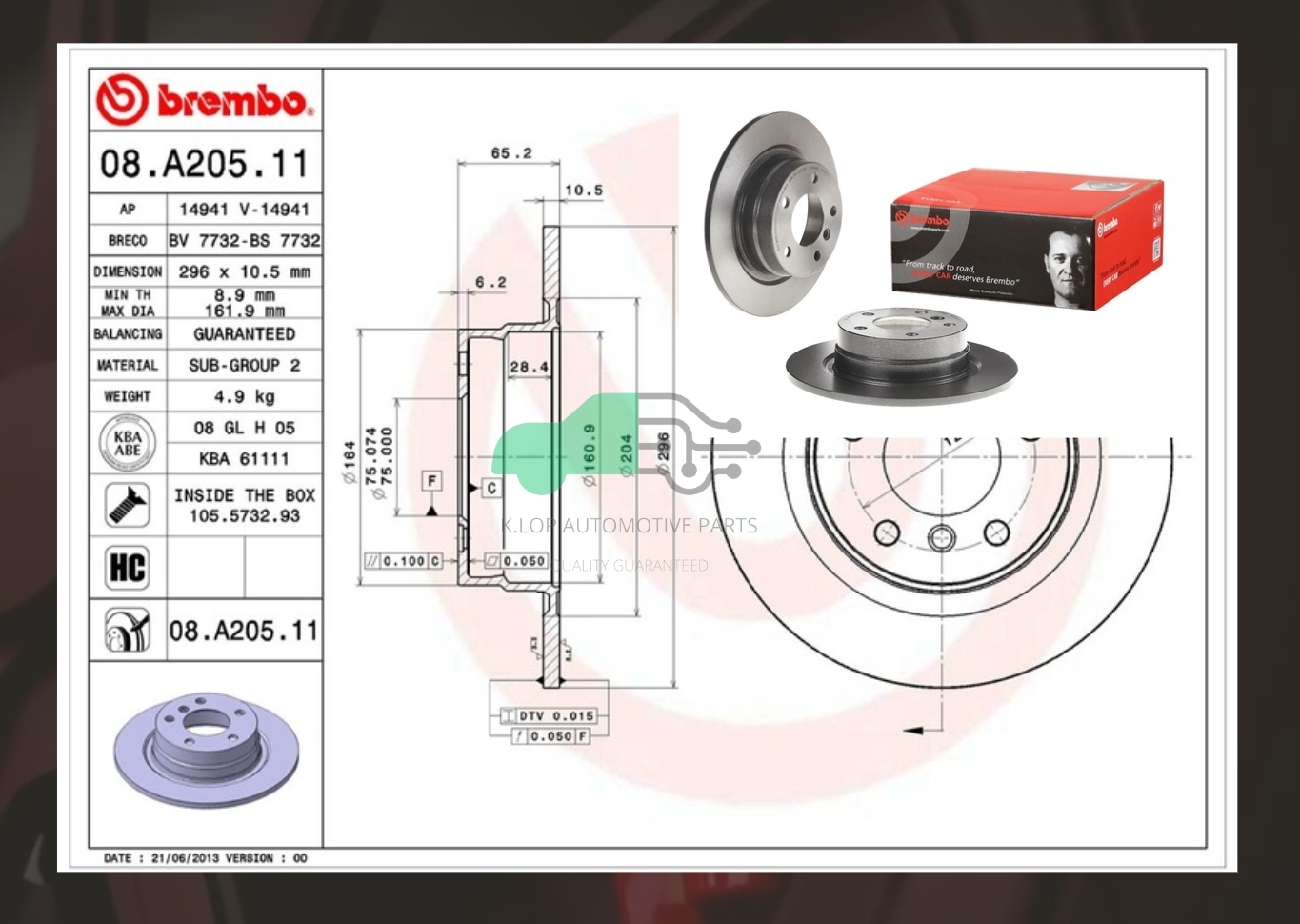 08 A205 11 จานเบรคหลัง (ยี่ห้อ BREMBO) BMW ซีรี่ส์ 3 E90 (318i 320d) (HC) 04-10