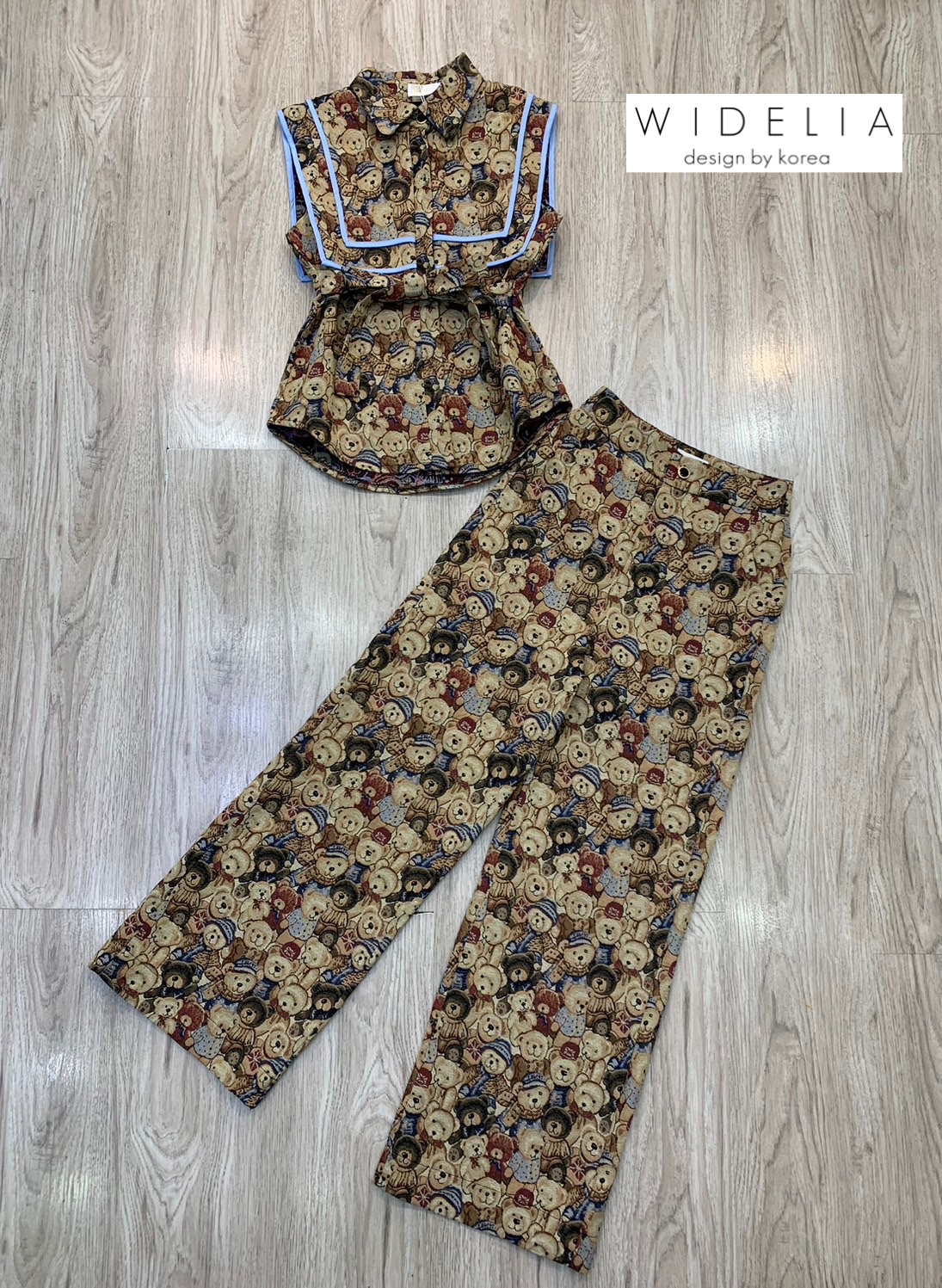 OC Set ลายหมีตัวเสื้อทรงเข้ารูปปกสี่เหลี่ยมช้อนกัน 2 ชั้นหน้าหลังแขนกุด