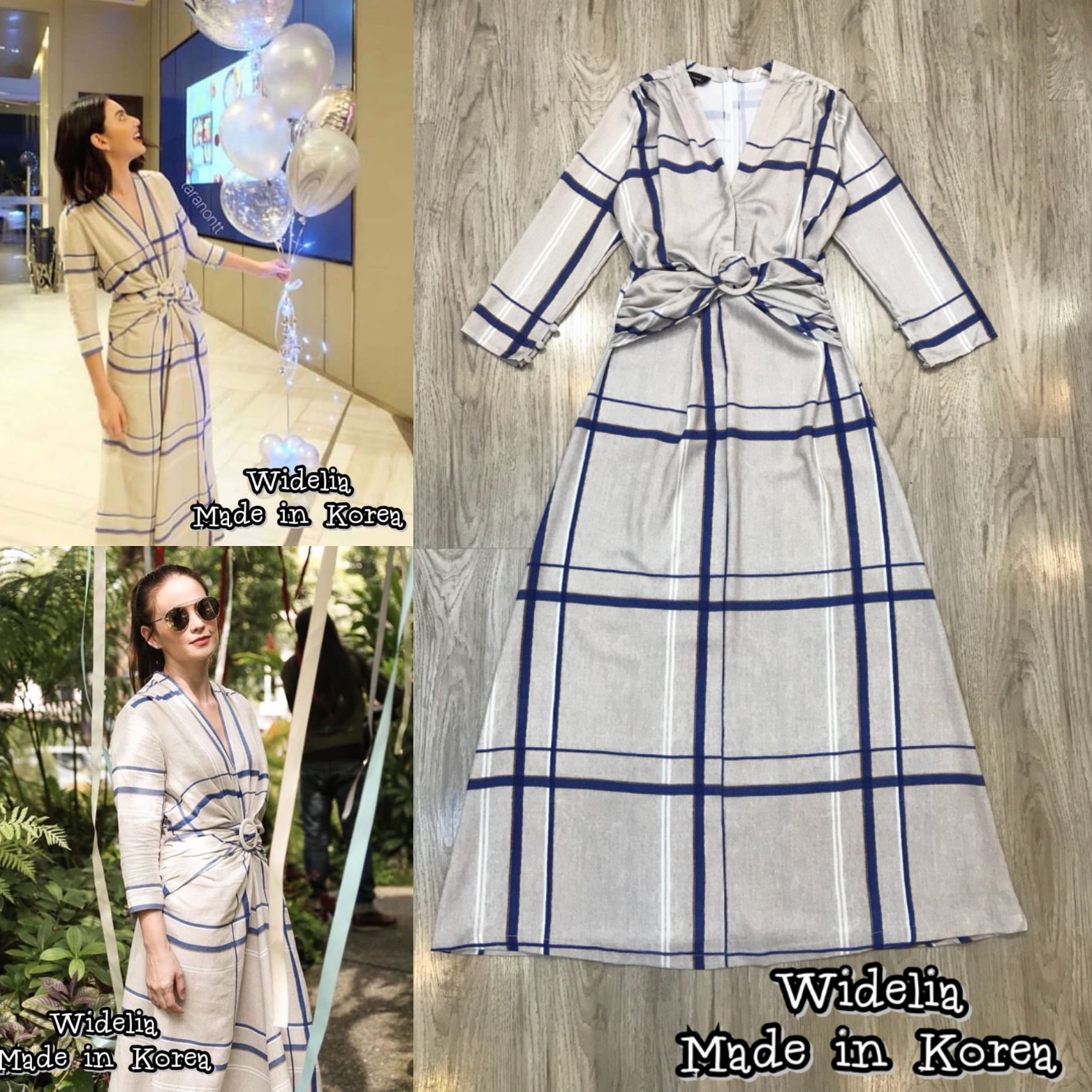 JSD Drees:: เดรสแขนยาวคอวีตัวยาวสุดเก๋ ตกแต่งที่คาดเอวแบบจับจีบ ผ้าทอลายสก๊อตทั้งตัว