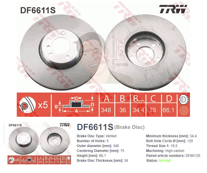 DF6611S จานเบรค-ดรัมเบรค(TRW) BMW 5 (F10) 525D,528i,530D,535i ปี2010> FR V / 6 (F12,13,06) 640i Coupe ปี2010> FR V / 7 (F01 F02) ปี2010> FR V