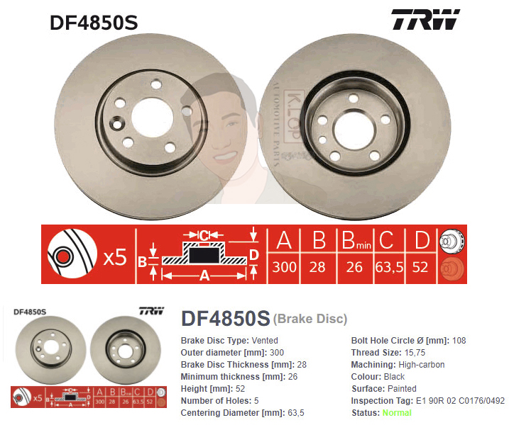 DF4850S จานเบรค-ดรัมเบรค(TRW) LAND ROVER EVOQUE 2.0,2.2 ปี2011> F V / FREELANDER II 2.2 TD4, SD4 ปี2010> F V