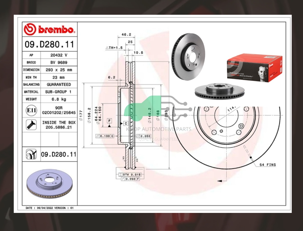 09 D280 11 จานเบรค ล้อ F (ยี่ห้อ BREMBO) รุ่น UV HONDA ACCORD Hybrid G9 ปี14