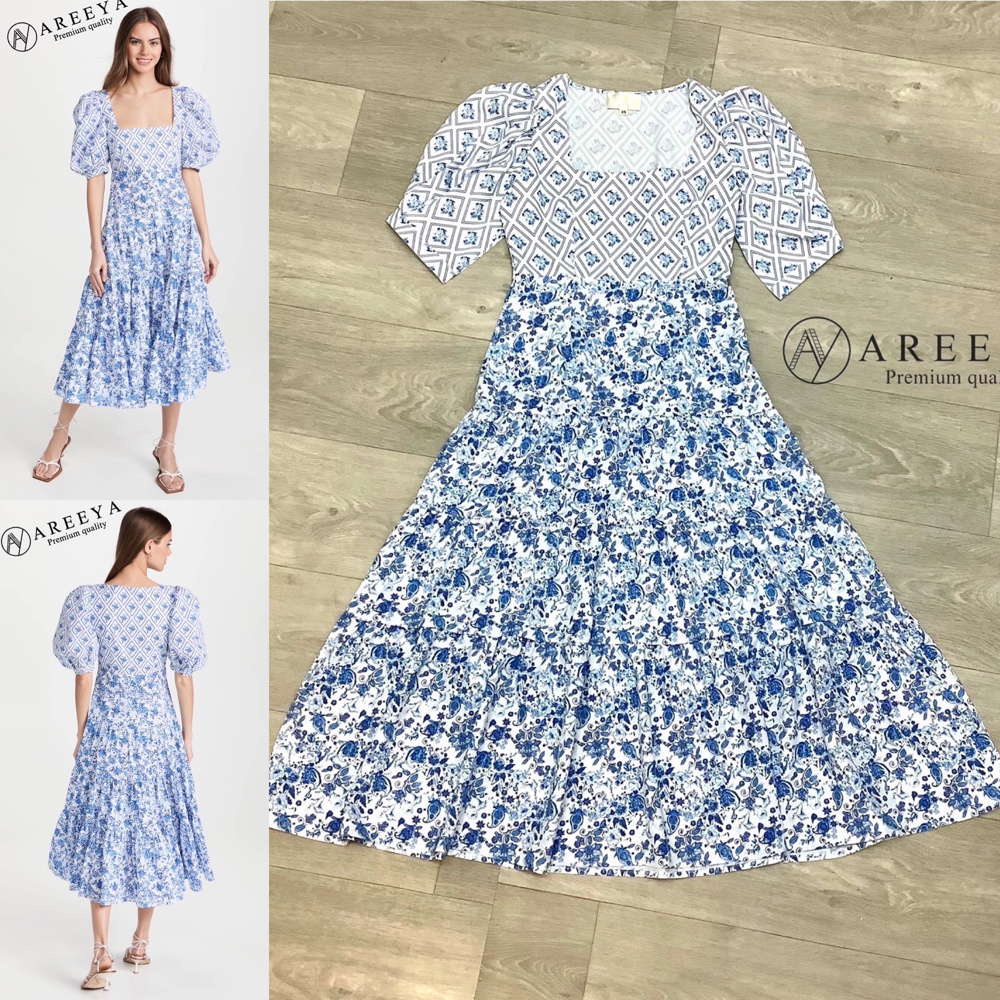 Blue maxi printed dress เดรสตัวยาวแขนสั้น ลายปริ้นสีฟ้าน้ำเงินสวย