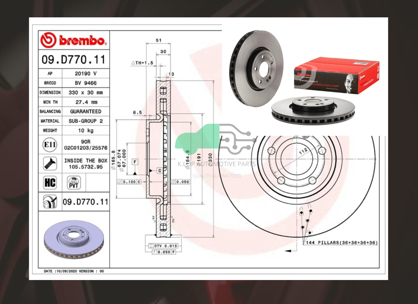 09 D770 11 จานเบรคหน้า (ยี่ห้อ BREMBO) BENZ A W177, C118, GLA H247, GLB X247 2018-