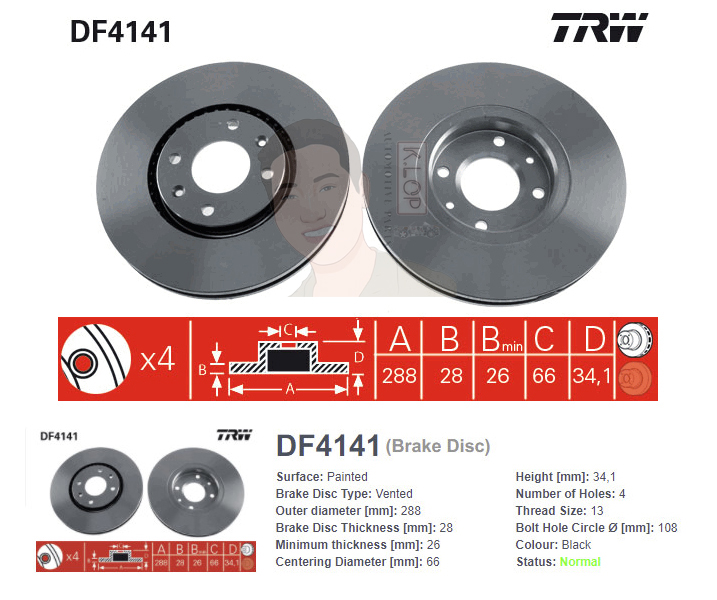 DF4141 จานเบรค-ดรัมเบรค(TRW) CITROEN C5 2.2 HDI, 3.0 V6 ปี2002-2004 F V