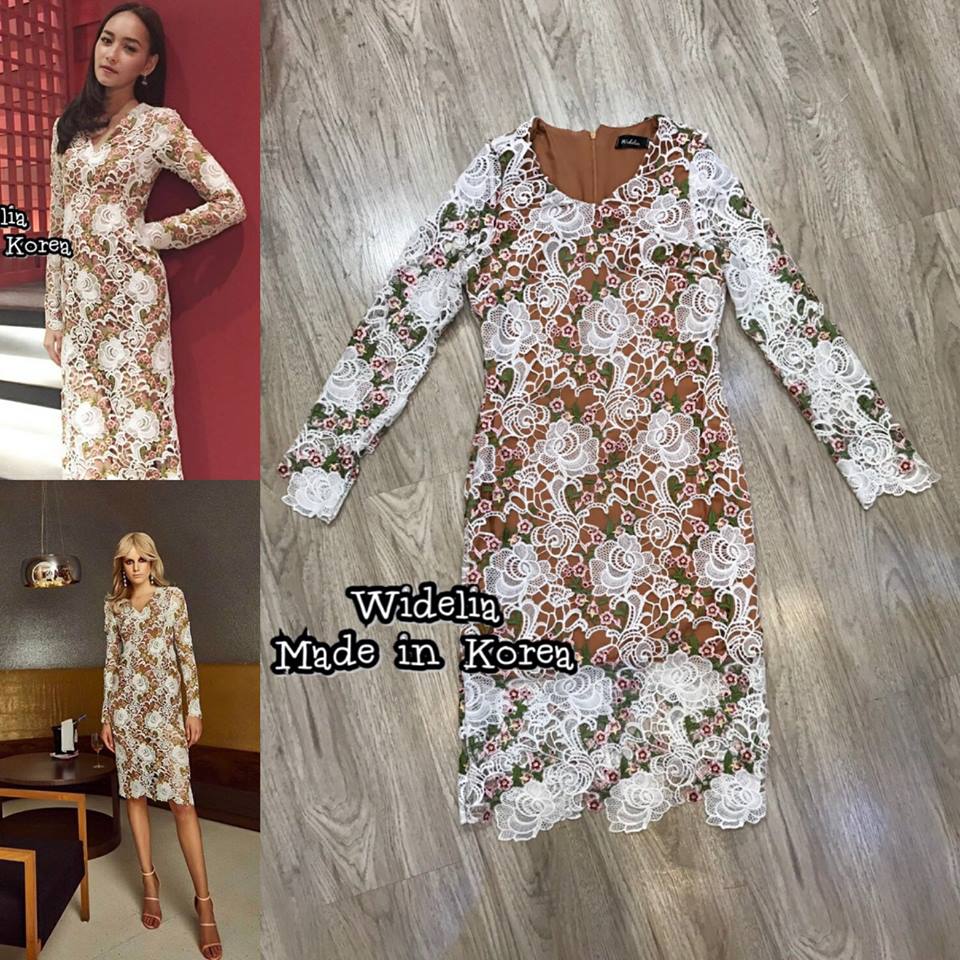 *พร้อมส่ง*RFA Dress :: เดรสลูกไม้ลายสวยกริ้บ คอวีแขนยาวเข้ารูป