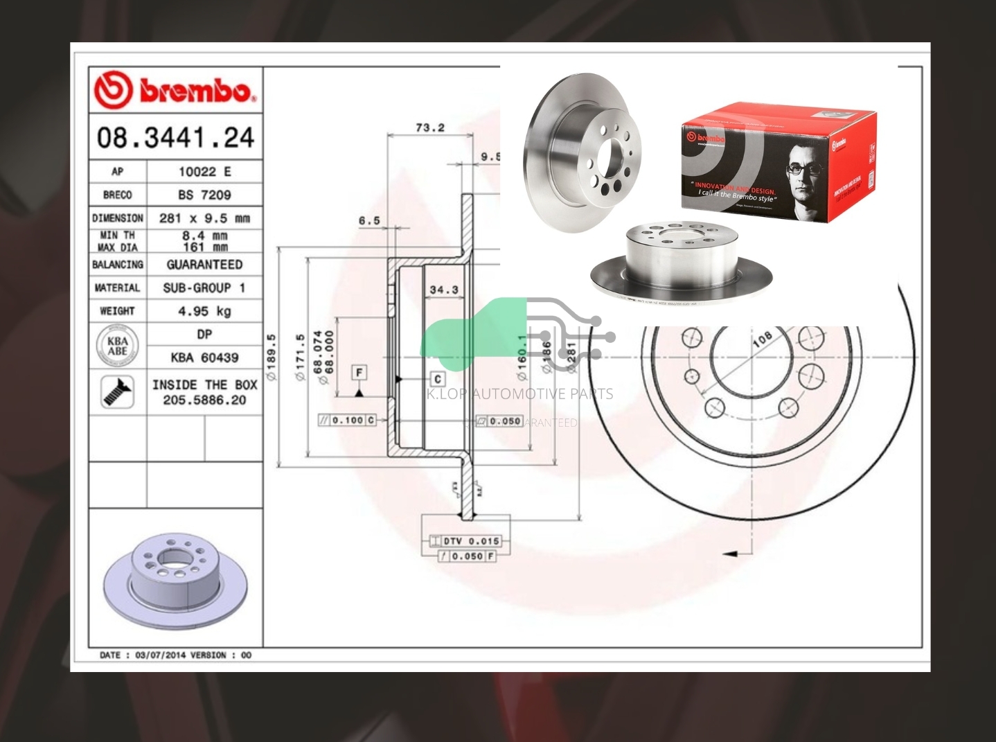 08 3441 24 จานเบรคหลัง STD (ยี่ห้อ BREMBO) Volvo 740 760 940 960 83-98