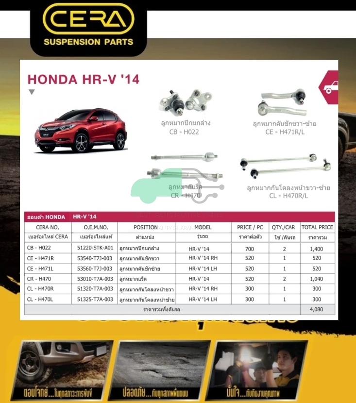 ชุดเปลี่ยนลูกหมากช่วงล่าง(CERA) Honda HR-V ปี2014 (MADE IN THAILAND) *** มาอุดหนุนสินค้าไทยกันครับ