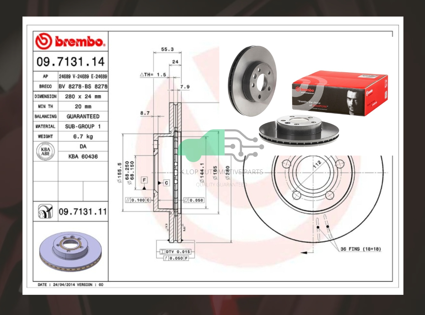 09 7131 11 จานเบรคหน้า (ยี่ห้อ BREMBO) VW Caravelle T4 (2.5, VR6 2.8) 95->