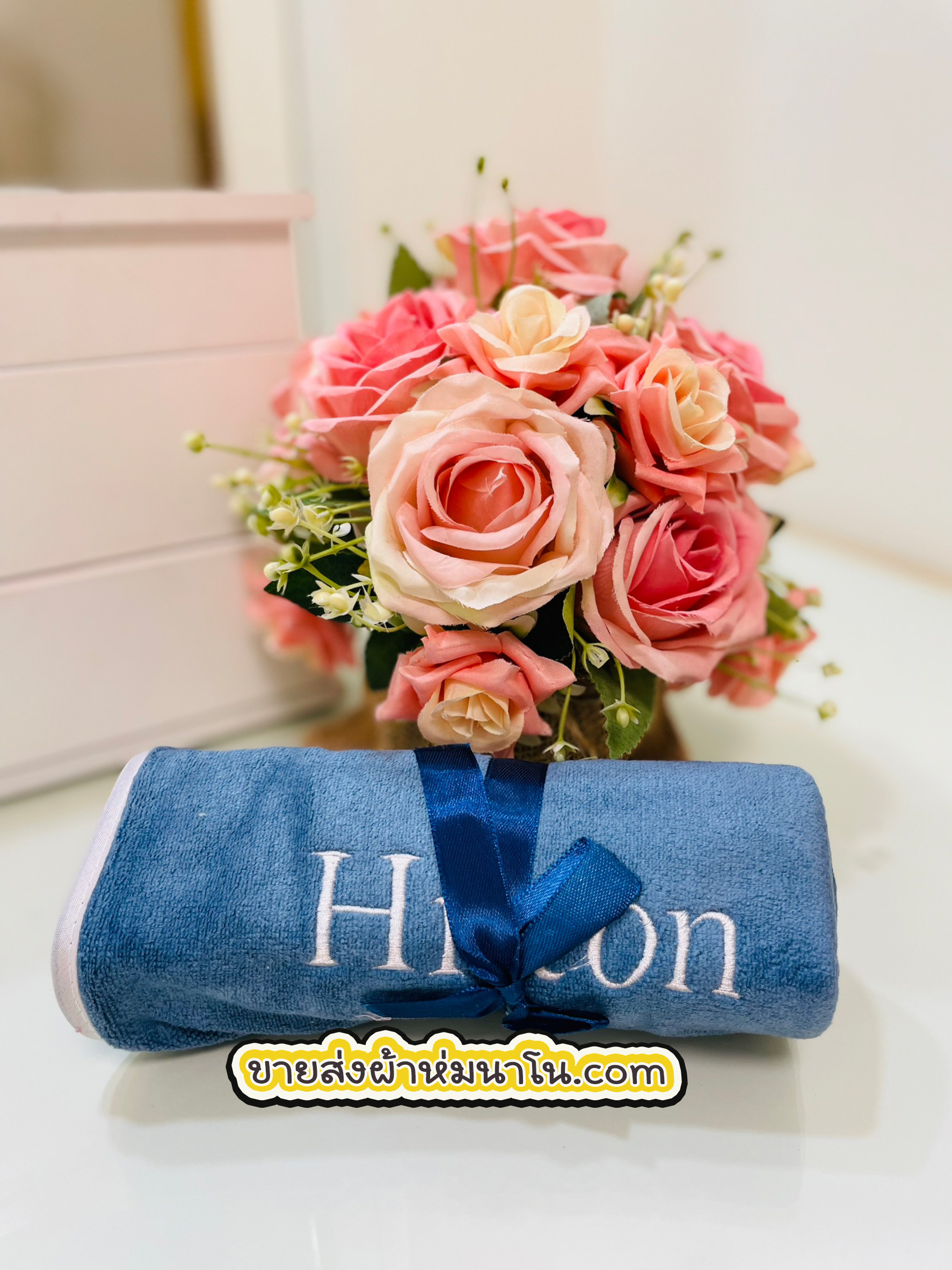 ผ้าเช็ดผมขนเป็ดแบบปักอังกฤษ รุ่นหนาพิเศษ (1โหล)