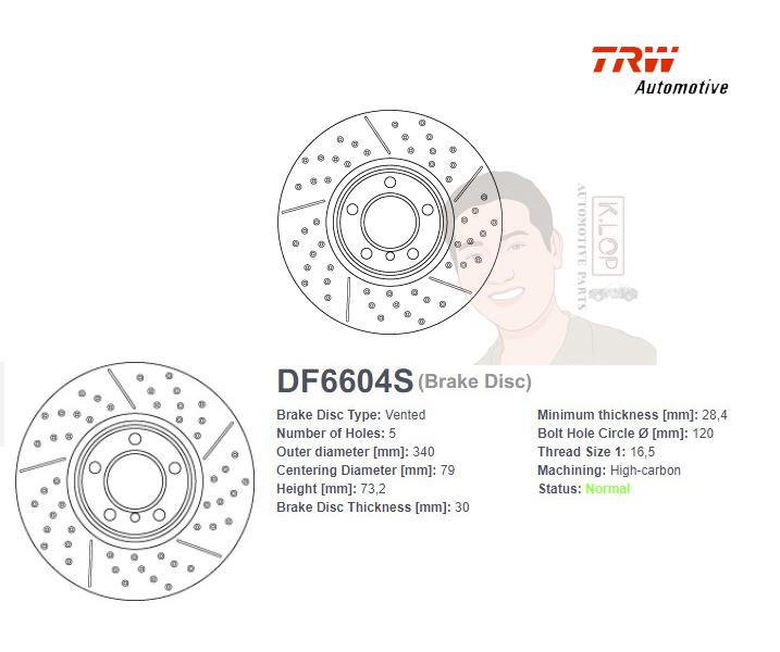 DF6604S จานเบรค-ดรัมเบรค(TRW) BMW 3 (F30,80,34), 4(F32,82,33,83,36) เจาะรู เซาะร่อง ปี2012-2018 F V