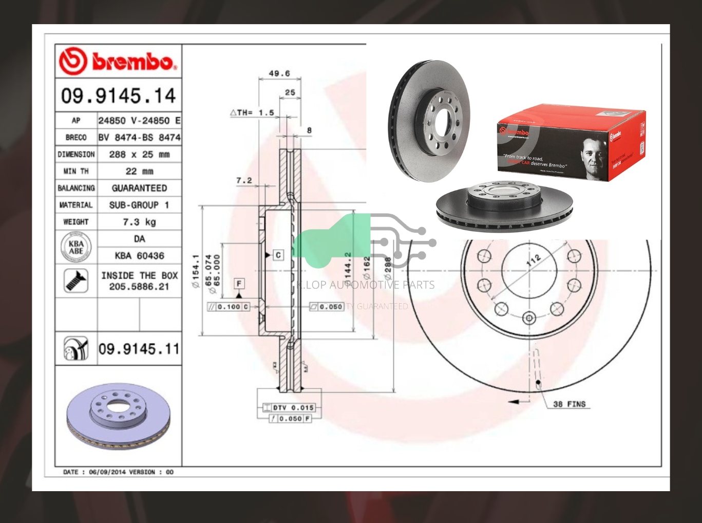 09 9145 11 จานเบรคหน้า (ยี่ห้อ BREMBO) VW Beetle (1.2 1.4 TSI 2.0) Golf VI VII 288 มิล