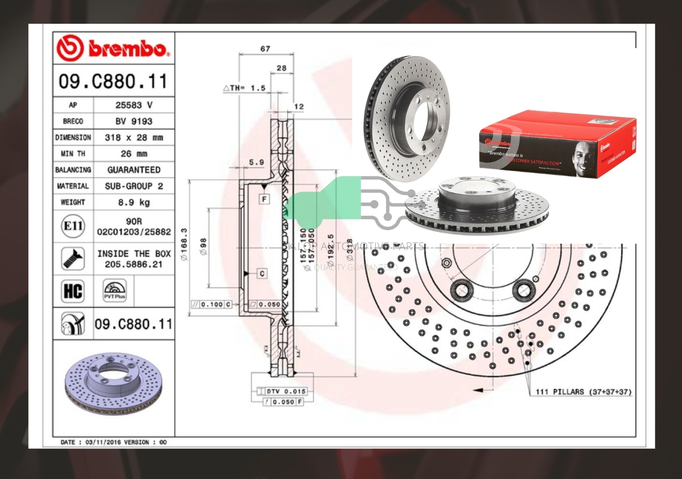 D09 C880 11 จานเบรคหน้า (ยี่ห้อ BREMBO) PORSCHE BOXSTER/ CAYMAN 987 (2.9 3.2S 3.4S) (เจาะรู) (HC) 04-13/911 CARRERA 996 997 (3.4 3.6 3.8)