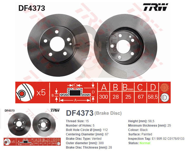 DF4373 จานเบรค-ดรัมเบรค(TRW) BENZ VITO W639 ปี2004> F V
