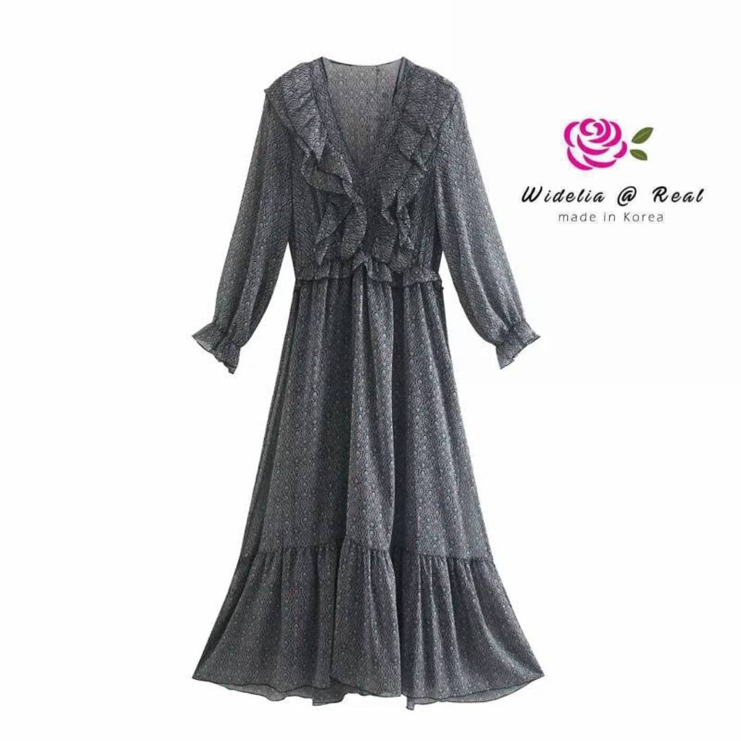 Zara Maxi dress เดรสยาวสีดำคอวี ที่คอตัดเย็บผ้าระบายสองชั้น