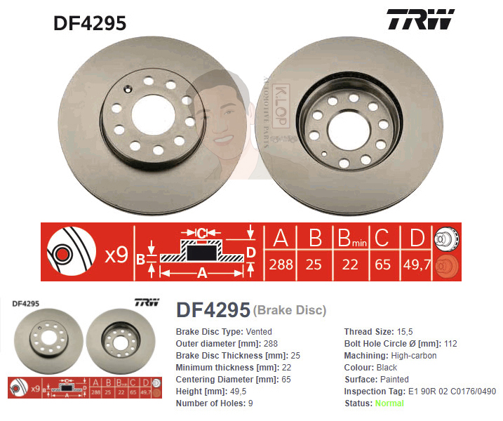 DF4295 จานเบรค-ดรัมเบรค(TRW) VW BEETLE 1.2 1.4 TSI ปี2011> F V