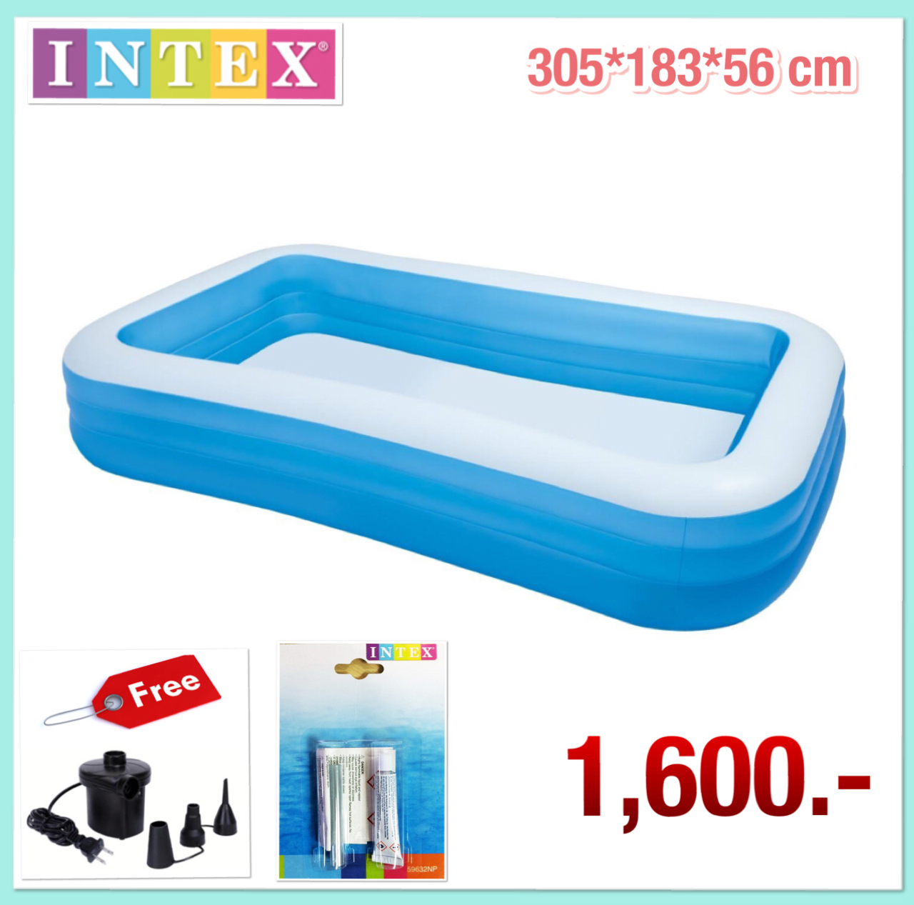 ซื้อ 1 แถม 2 !! สระน้ำเป่าลมสีฟ้า Intex 305x183x56 ซม.
