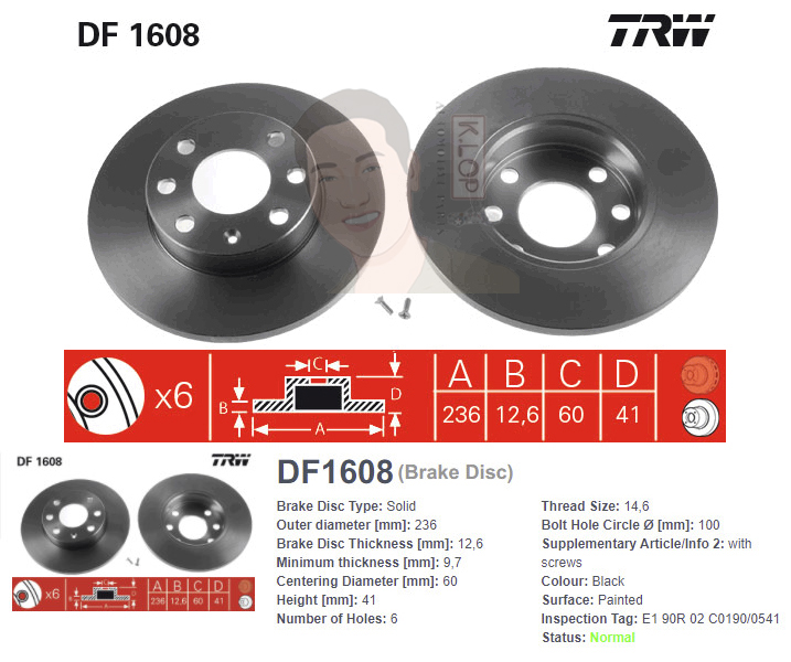 DF1608 จานเบรค-ดรัมเบรค(TRW) OPEL ASTRA 1.6 / CORSA B 1.2,1.4 / DAEWOO FANTASY ปี1993-1995 F S