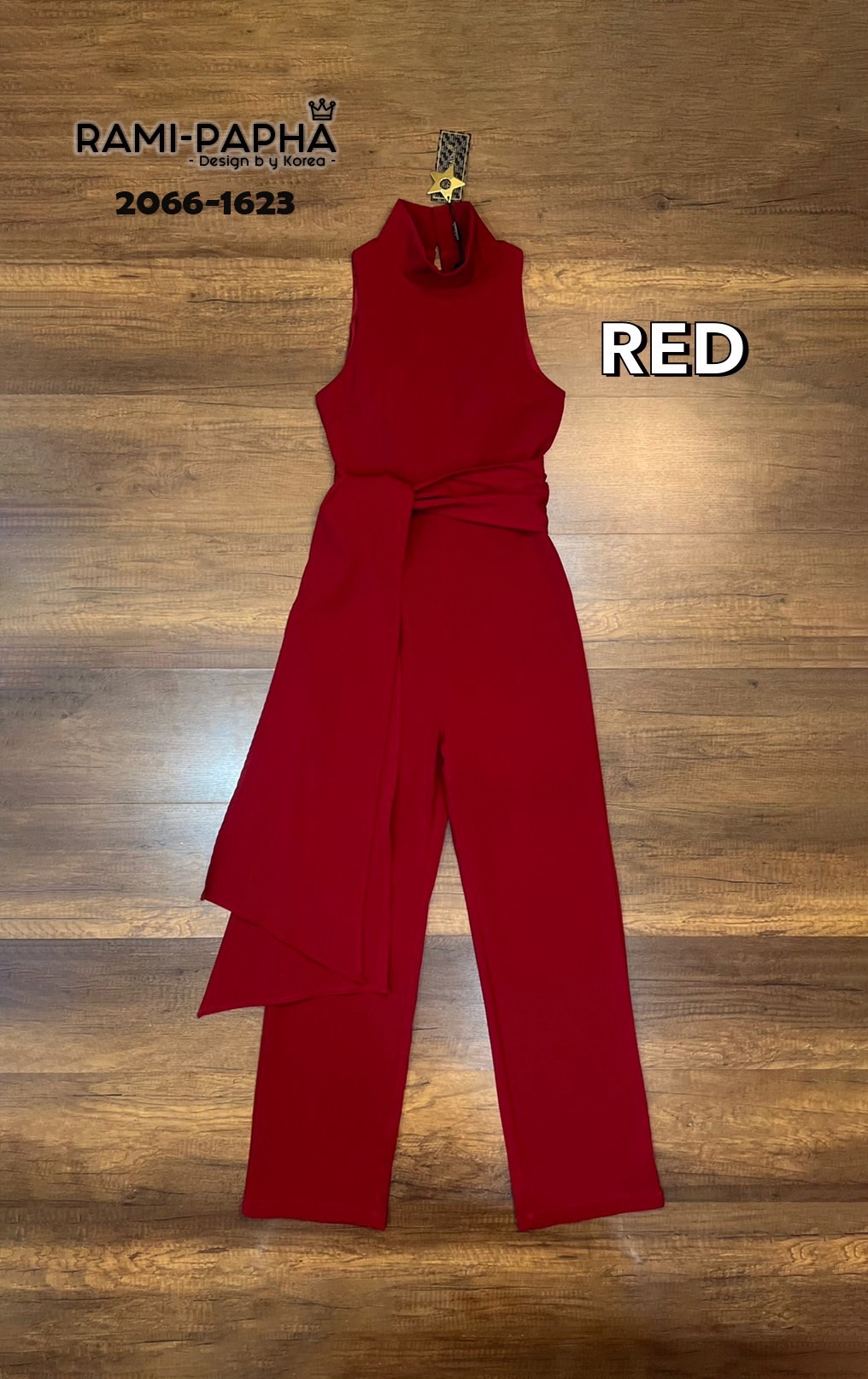 จั้มสูทขายาว+ผ้าผูกเอว จั๊มสูทขายาวดีไซน์สวยหรูแบบผู้ดี RED