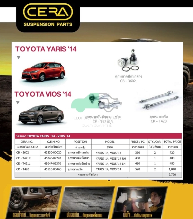 ชุดเปลี่ยนลูกหมากช่วงล่าง TOYOTA VIOS/YARIS 2014 (MADE IN THAILAND) *** มาอุดหนุนสินค้าไทยกันครับ