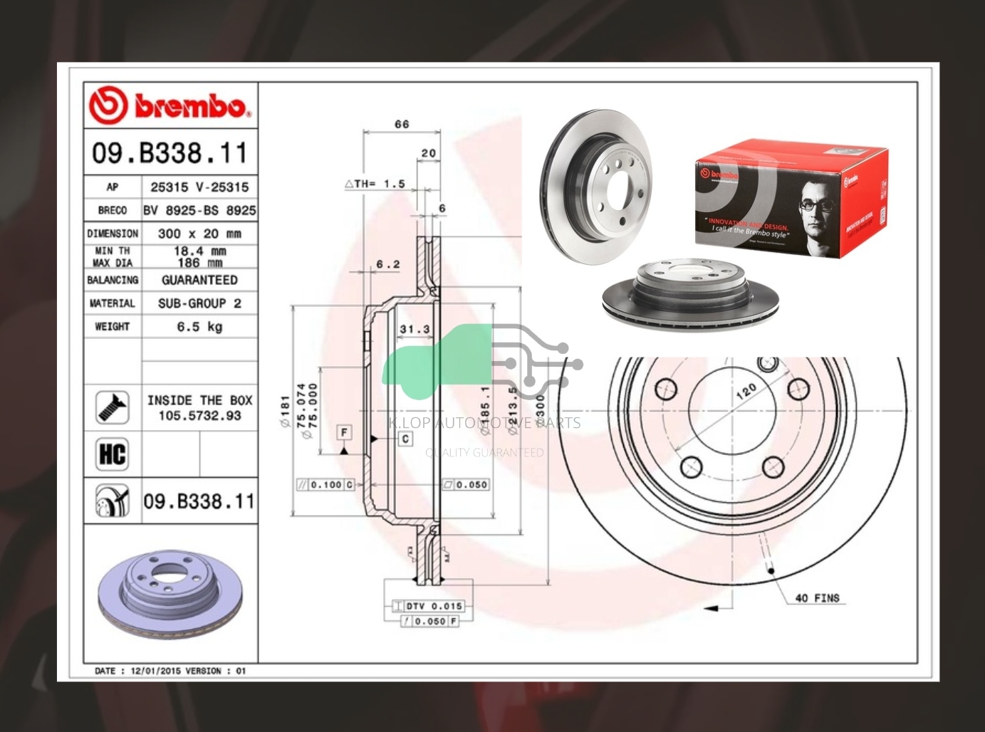 09 B338 11 จานเบรคหลัง (ยี่ห้อ BREMBO) BMW ซีรี่ส์ 3 F30 F34 (320d), 4 F32 (430i) (HC) 2011-