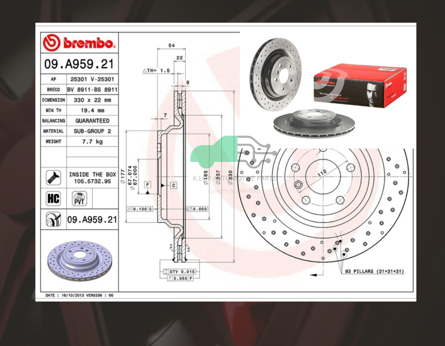 D09 A959 21 จานเบรคหลัง (ยี่ห้อ BREMBO) BENZ W166 ML GLE เจาะรู 12-15