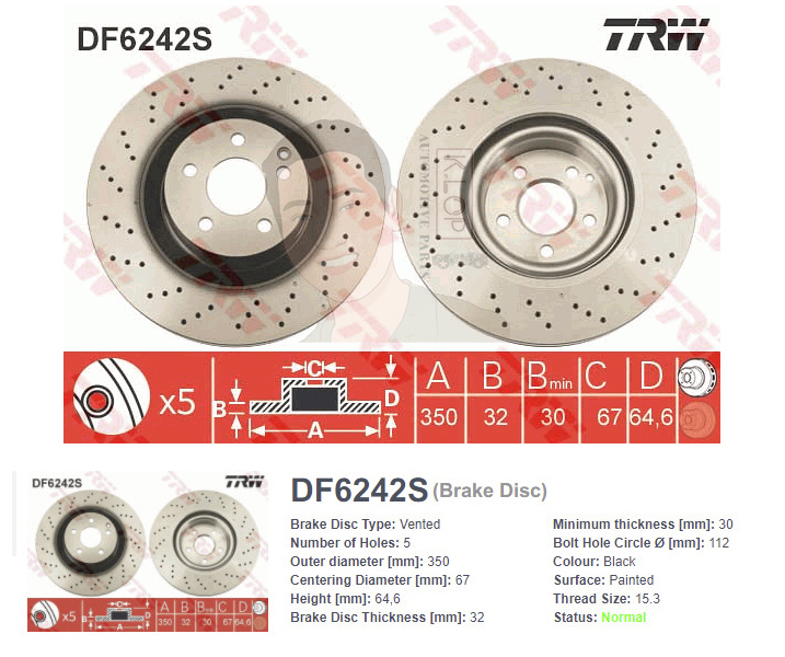 DF6242S จานเบรค-ดรัมเบรค(TRW) BENZ W221 S250 CDI ปี2005> F V