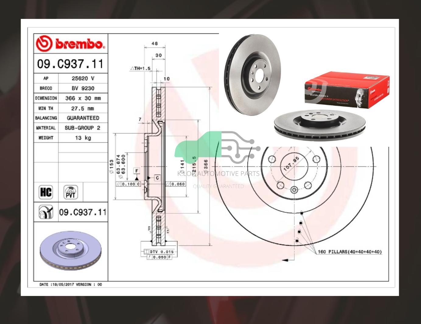 09 C937 11 จานเบรคหน้า (ยี่ห้อ BREMBO) Volvo XC60 II (HC) 2017- 366 มิล