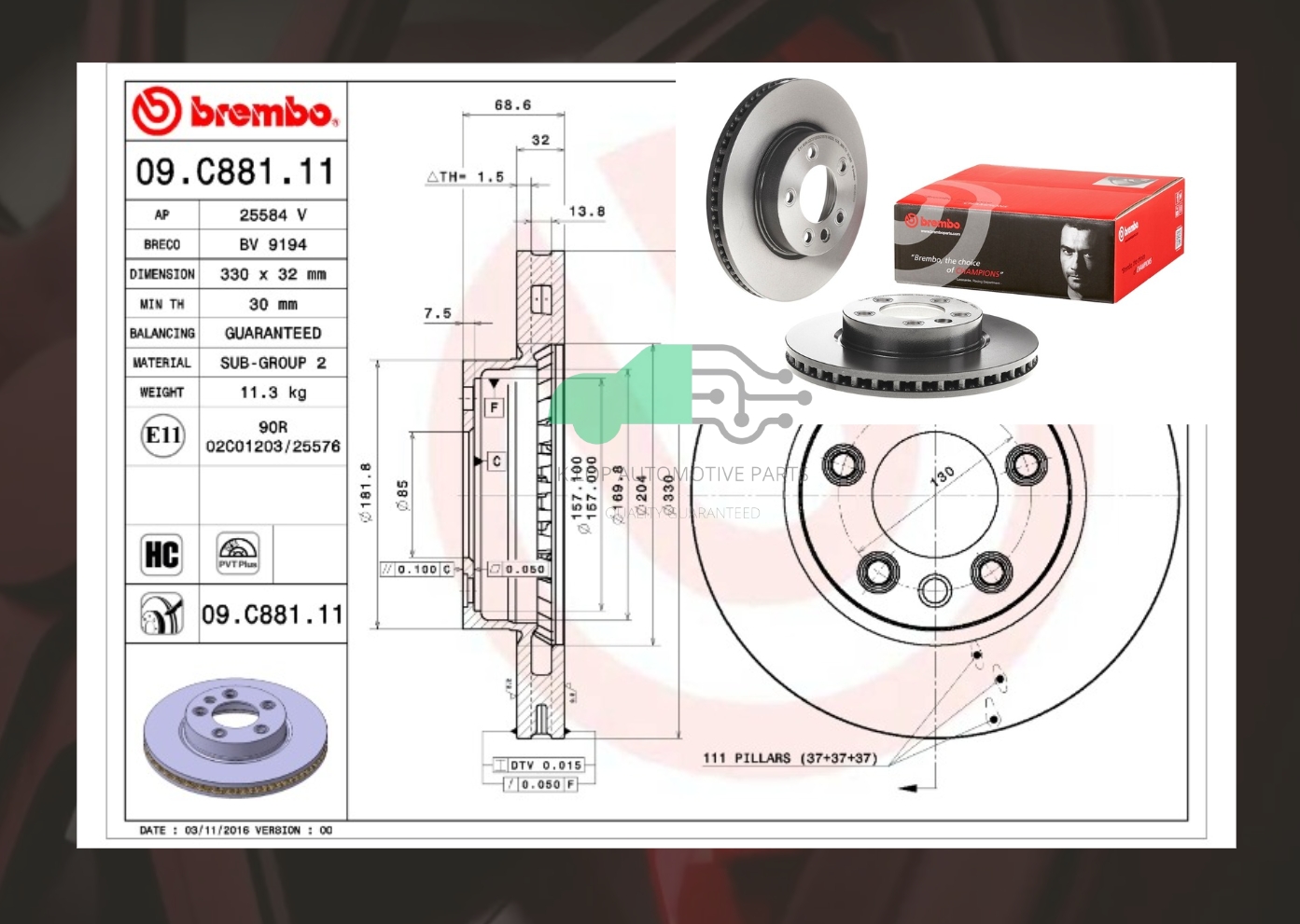 09 C881 11 จานเบรคหน้า (ยี่ห้อ BREMBO) CAYENNE 9PA (3.0 3.2 3.6 4.5S 4.5Turbo) (HC)
