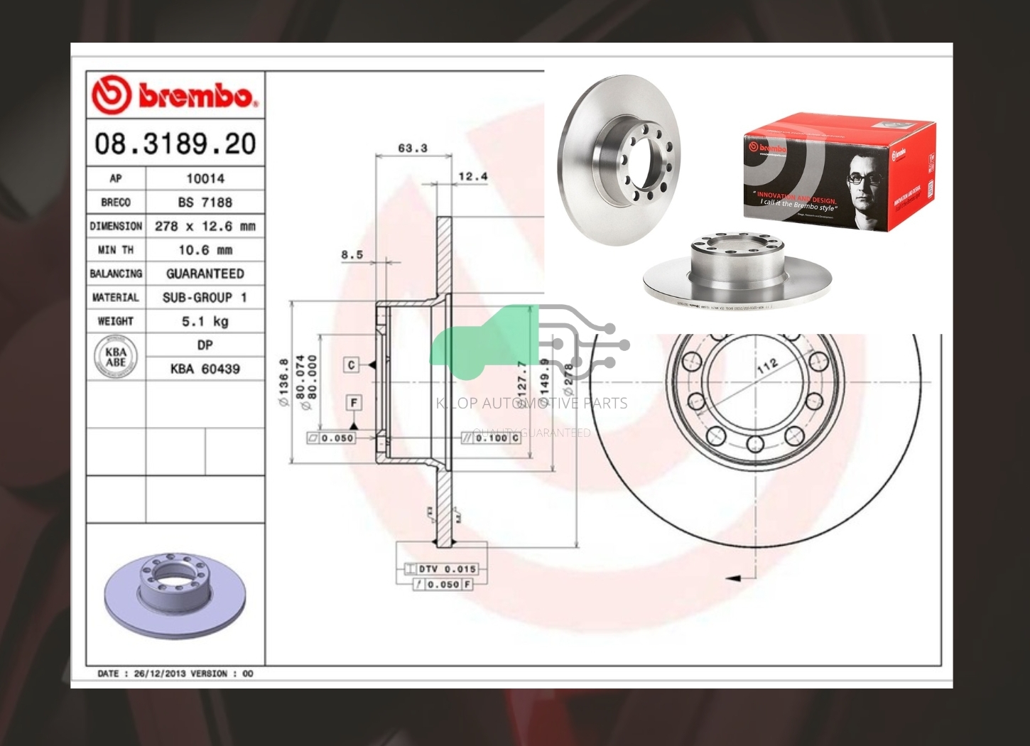 08 3189 20 จานเบรคหน้า STD (ยี่ห้อ BREMBO) BENZ W123 (230E) 76->
