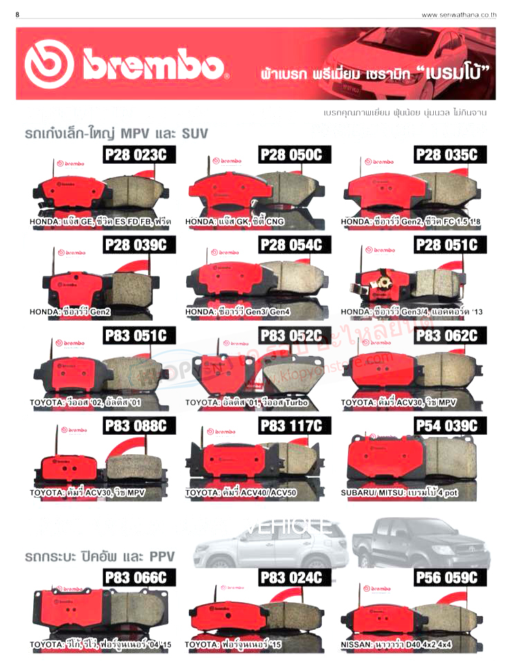 รวม ผ้าเบรก (ยี่ห้อ Brembo) รถเก๋งเล็ก-ใหญ่(ญี่ปุ่น) MPV และ SUV