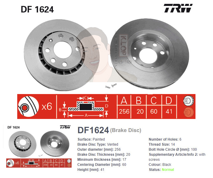 DF1624S จานเบรค-ดรัมเบรค(TRW) OPEL CORSA B (1.6I,1.6GSI) 16V ปี1993-2000 F V