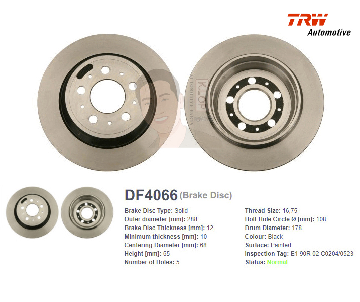 DF4066 จานเบรค-ดรัมเบรค(TRW) VOLVO S60 ปี2000 /S80 ปี1998 /V70 XC70 ปี2000 ปี1998-2002 R S