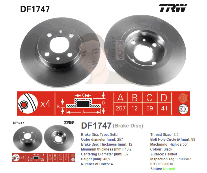 DF1747 จานเบรค-ดรัมเบรค(TRW) FIAT PUNTO (176) 75 1.2 (ABS) ปี1994-1999 F S