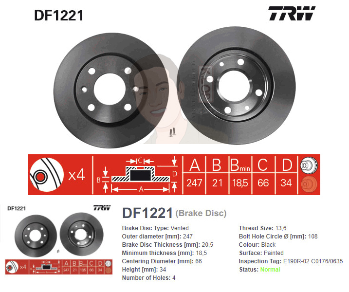 DF1221 จานเบรค-ดรัมเบรค(TRW) PEUGEOT 306 ปี1994-2002 F V