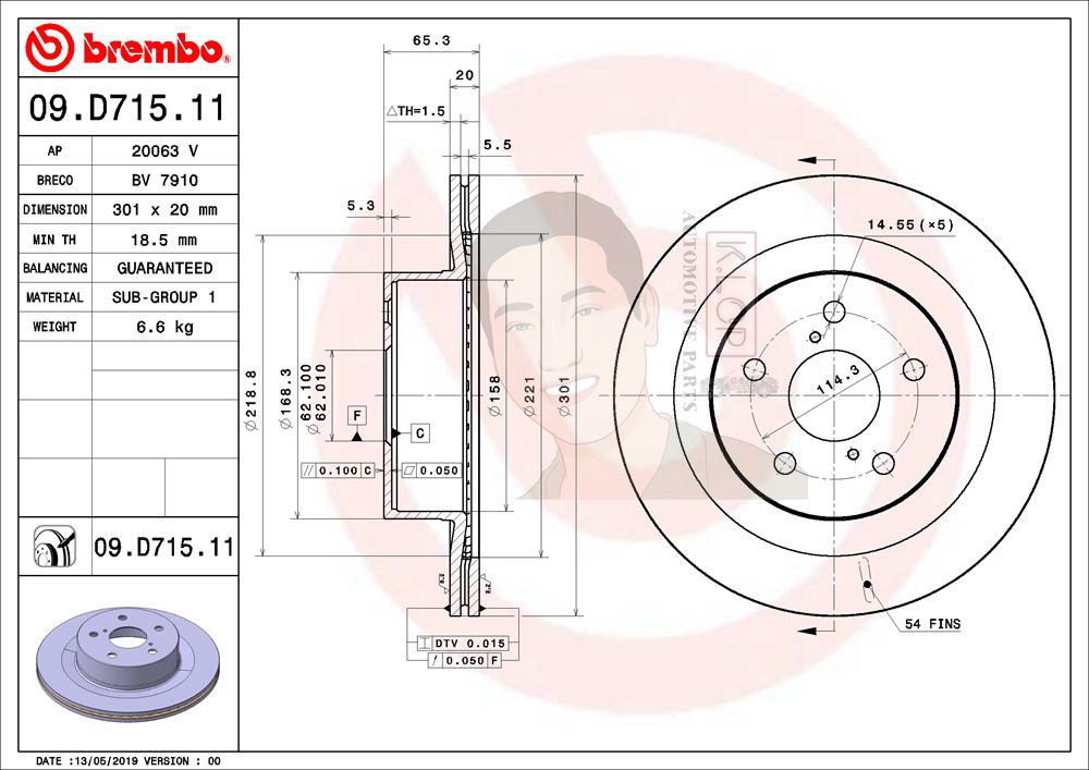 09 D715 11 จานเบรค ล้อ R (ยี่ห้อ BREMBO) รุ่น Std TOYOTA Alphard III ANH30 ปี 2015->