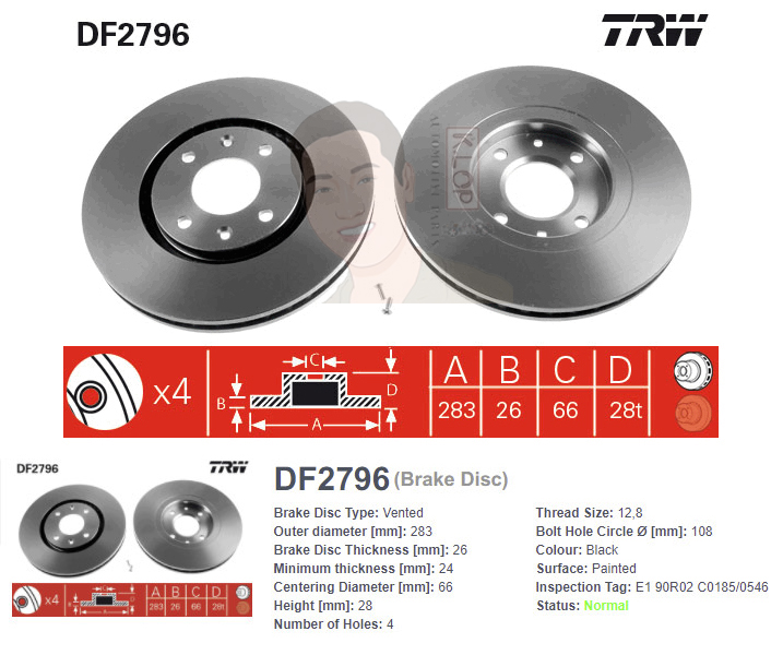 DF2796S จานเบรค-ดรัมเบรค(TRW) PEUGEOT 406 2.0 (8B,9B) ปี1997-2004 F V