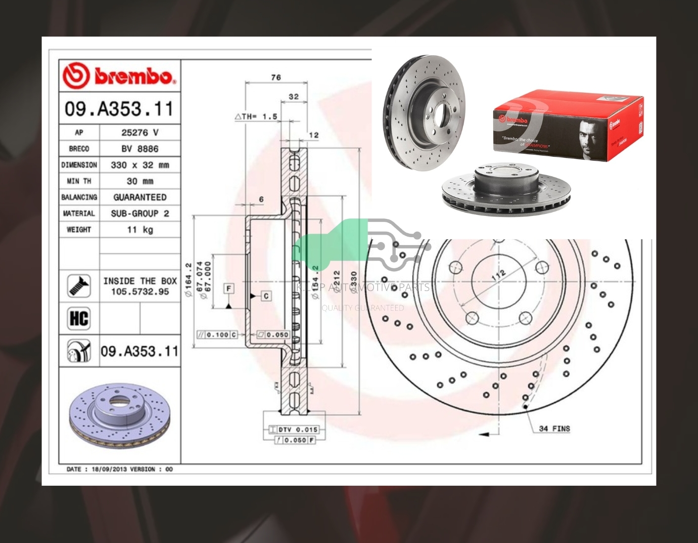 D09 A353 11 จานเบรคหน้า (ยี่ห้อ BREMBO) BENZ S W220 (320 400 500) (เจาะรู) (HC)