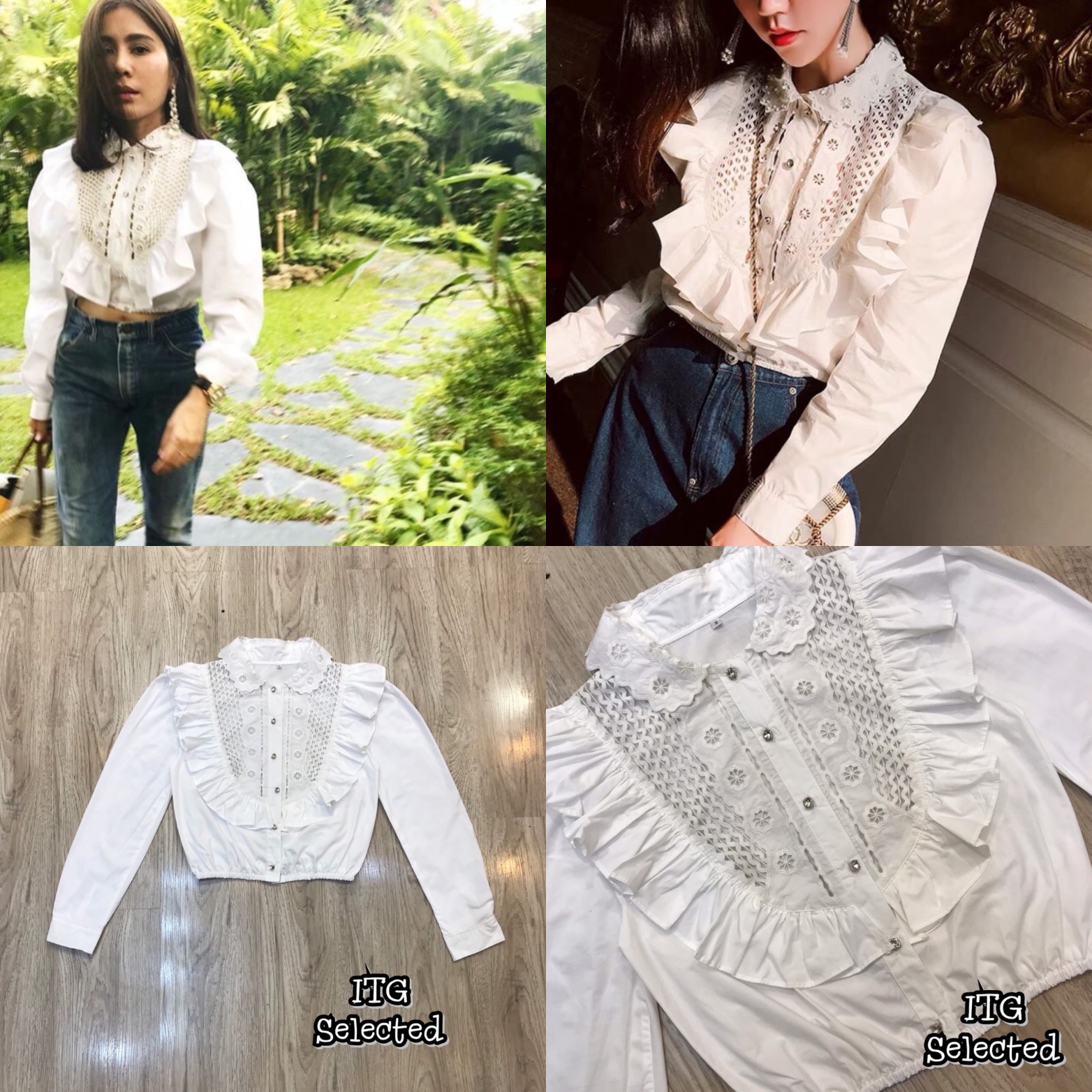 Miu Miu เสื้อแขนยาวคอปกลูกไม้ ตกแต่งระบาย