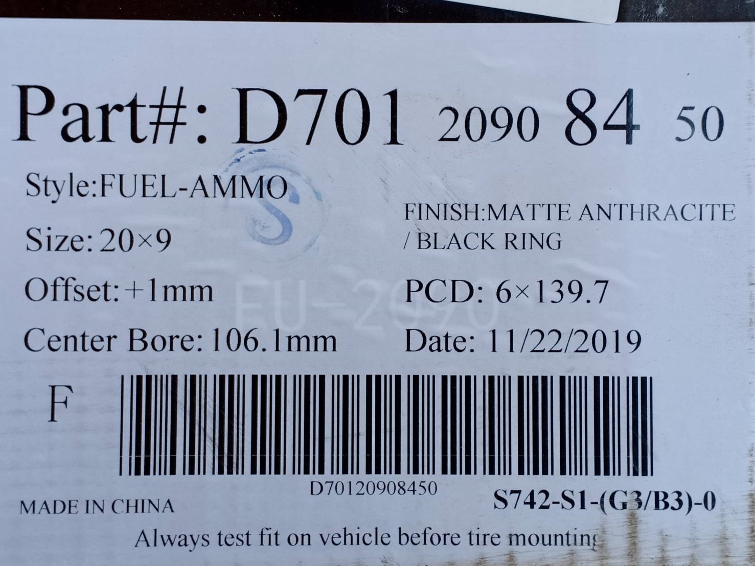 FUEL AMMO D701 ขอบ20 ET+1 6x139.7 MATTE ANTHRACITE/BLACK RING