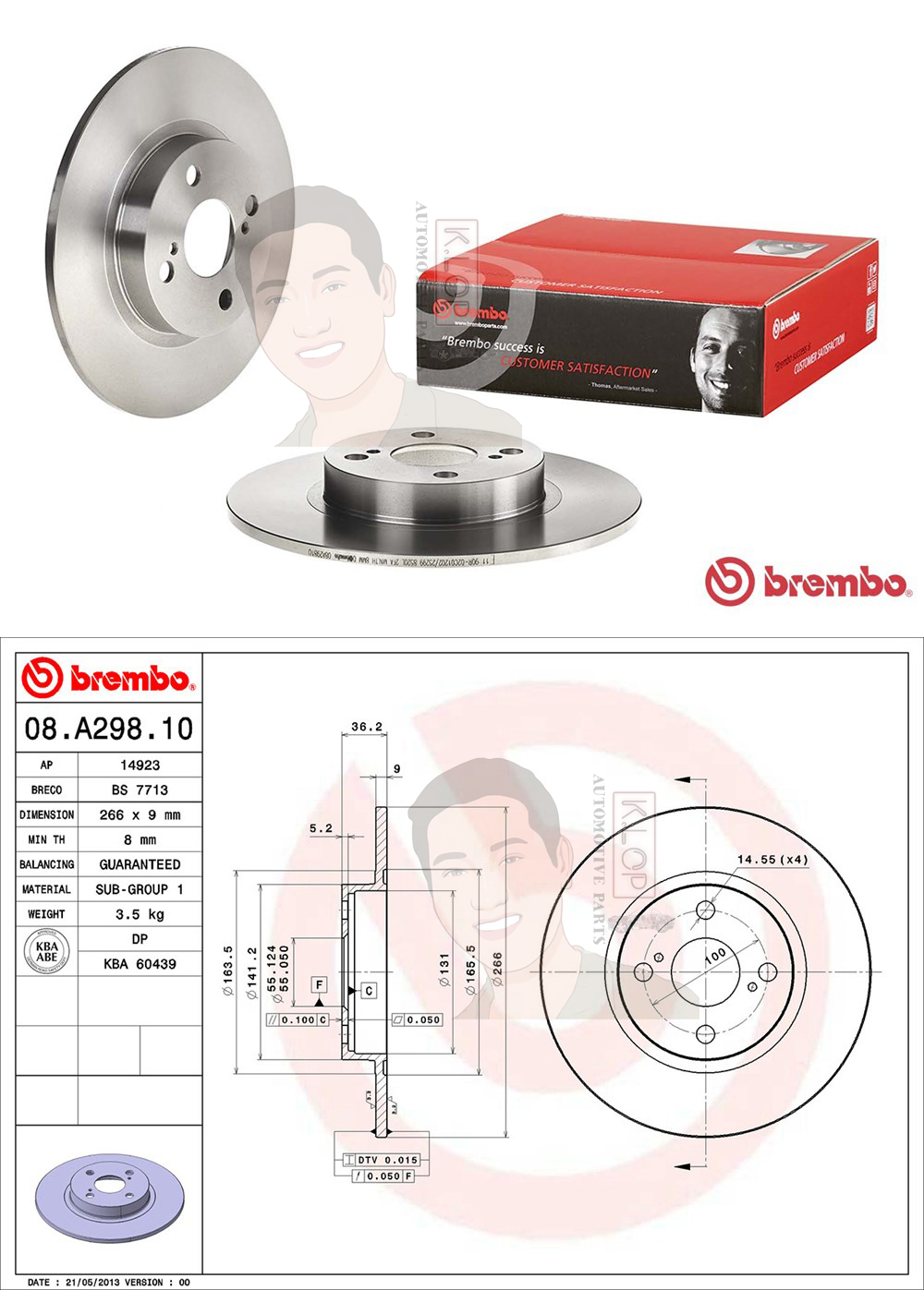08 A298 10 จานเบรก-หลัง (ยี่ห้อ Brembo รุ่น STD) TOYOTA Corolla โคโรลล่า ไฮทอร์ค AE111/112 ปี1997-2002