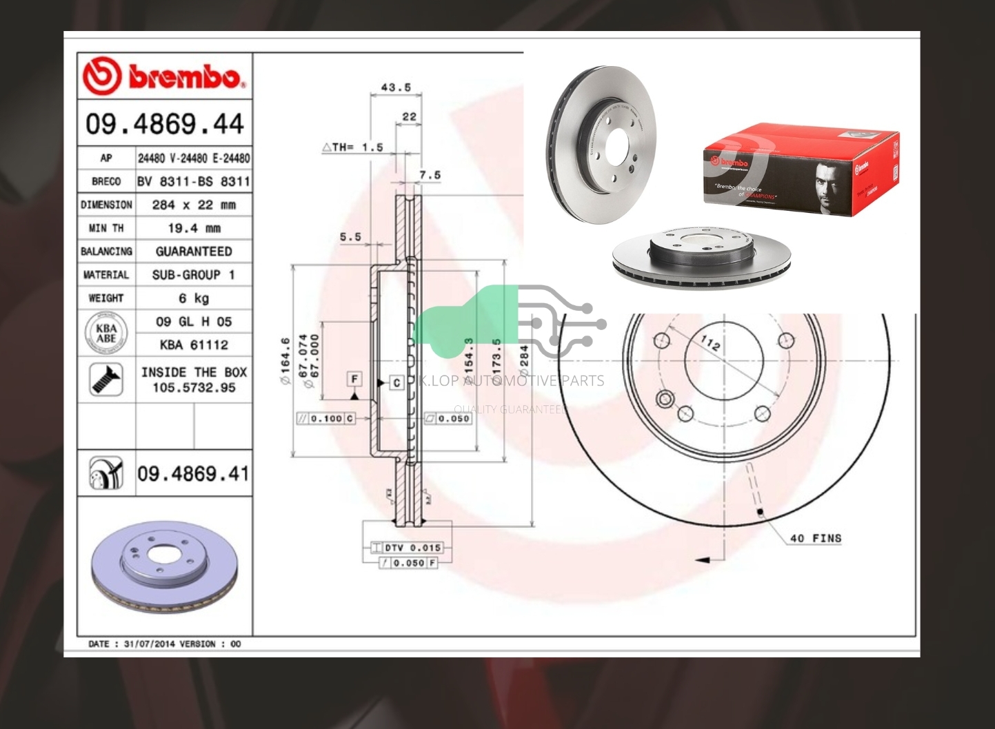 09 4869 41 จานเบรคหน้า (ยี่ห้อ BREMBO) BENZ C W202 (180 200 220 280) 93-97 หนา 22 มิล