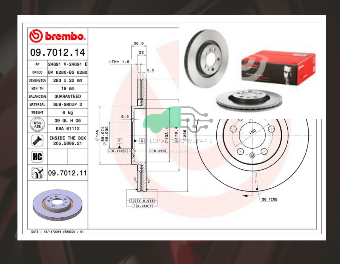09 7012 11 จานเบรคหน้า (ยี่ห้อ BREMBO) VW New Beetle (HC) 02-09 280 มิล