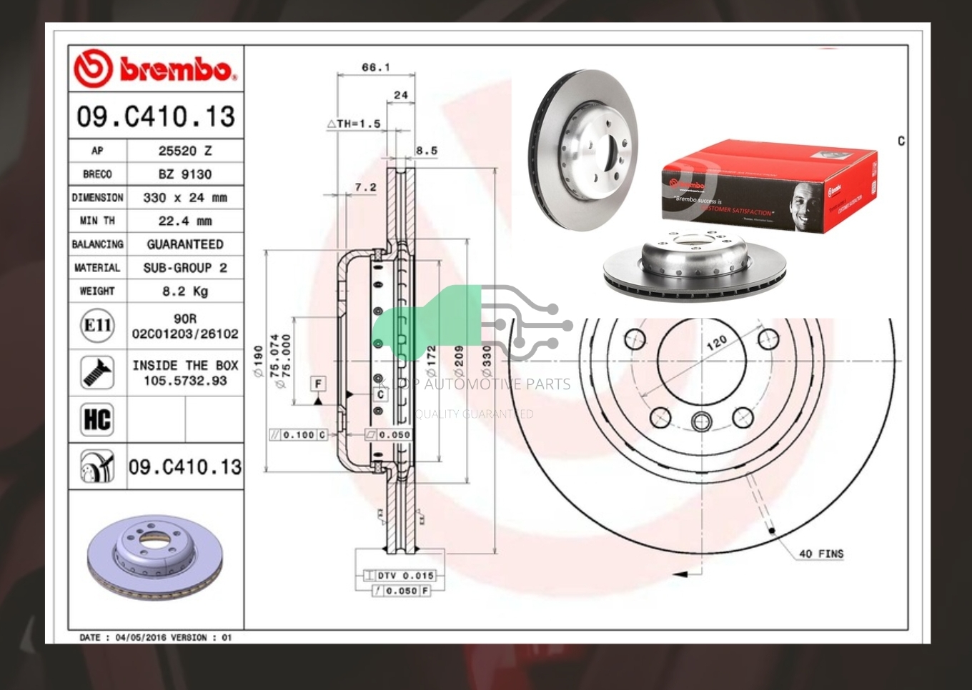 09 C410 13 จานเบรคหน้า (ยี่ห้อ BREMBO) BMW ซีรี่ส์ 5 F10 (520i 520d 523i) (HC) 10->